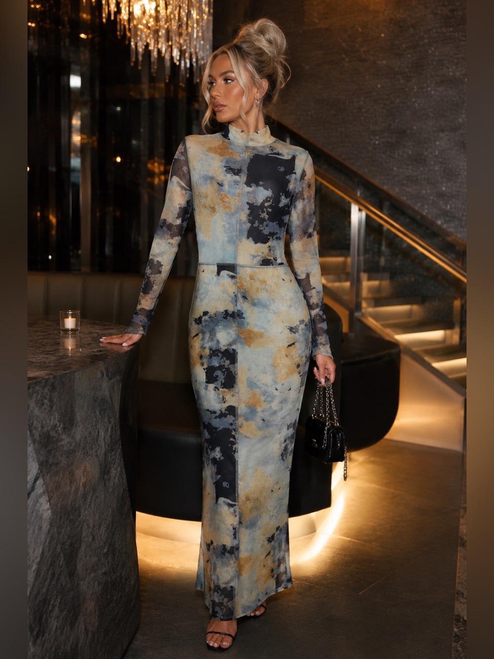 Fashion Nova Abstract Mesh Maxi Dress XL | Bodycon Mock Neck Long Sleeve Y2K